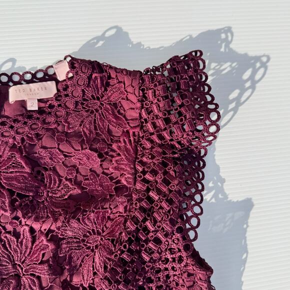 Ted Baker Zania Ruffle Mixed Lace Blouse Maroon Women’s 2 US6 Romantic Coquette - Picture 10 of 16
